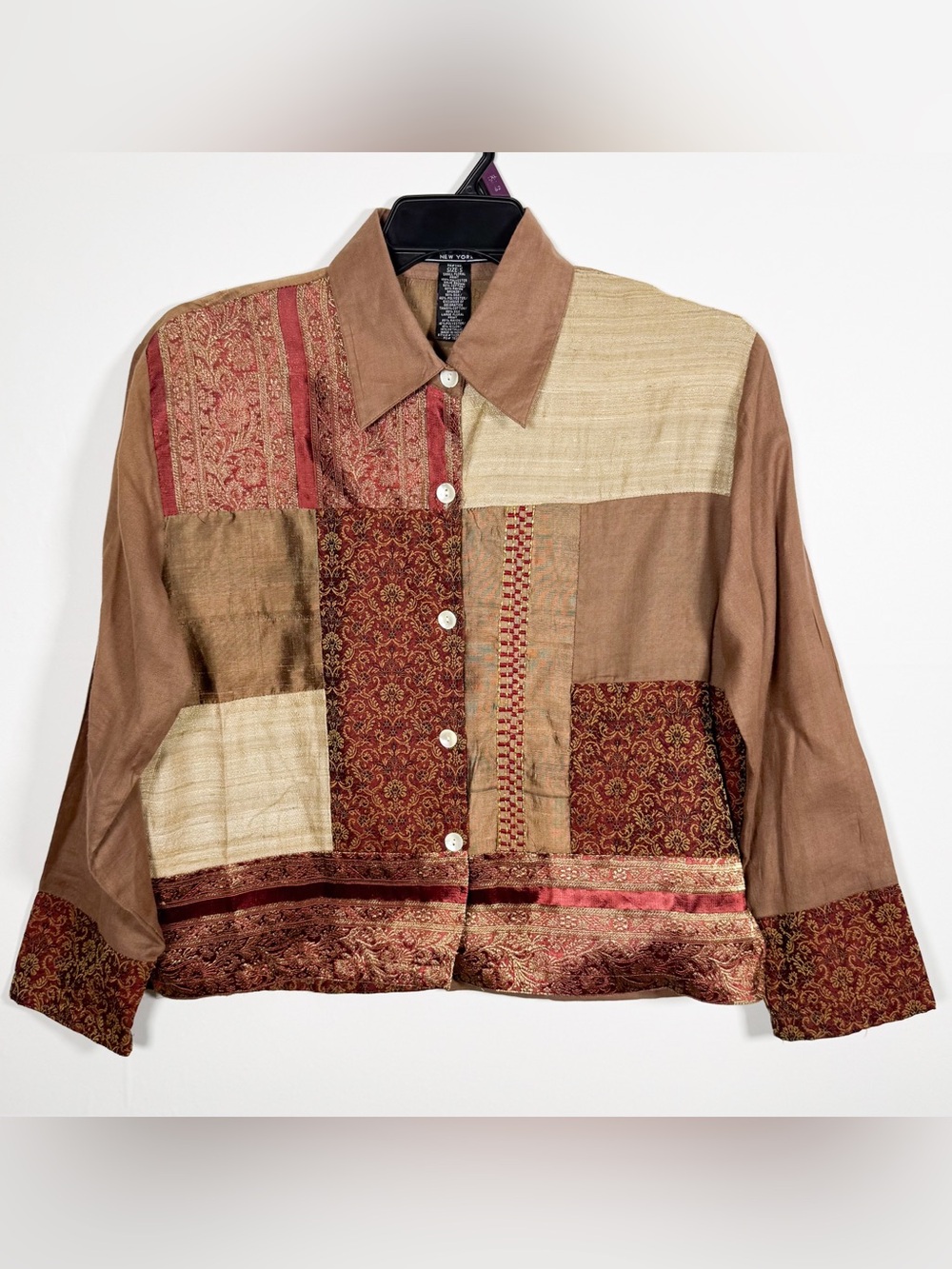 Vintage HARRIS WALLACE Floral Patchwork Silk Blend Warm Earth Tone Blouse Sz S